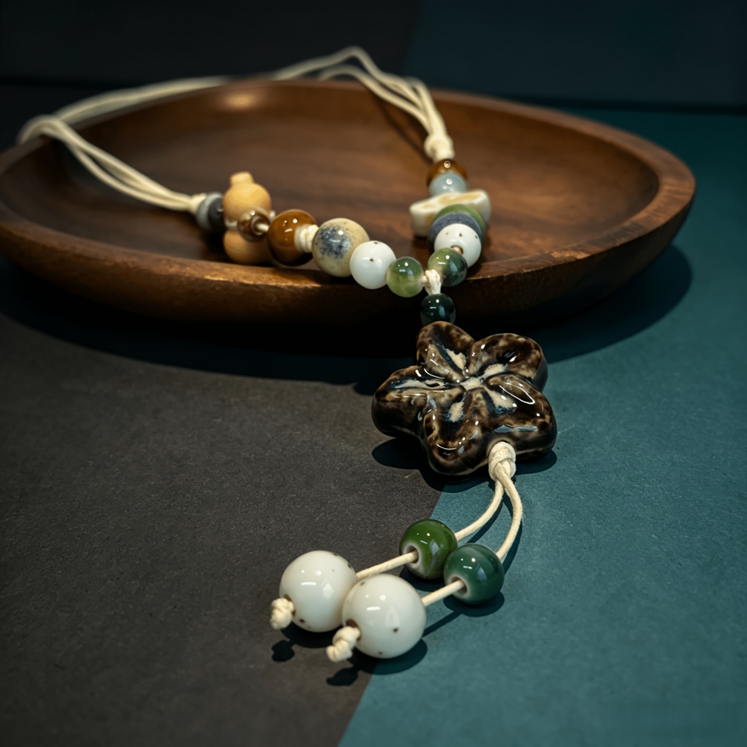 National Style Color-Blocking Beaded Tassel Necklace, Retro Design